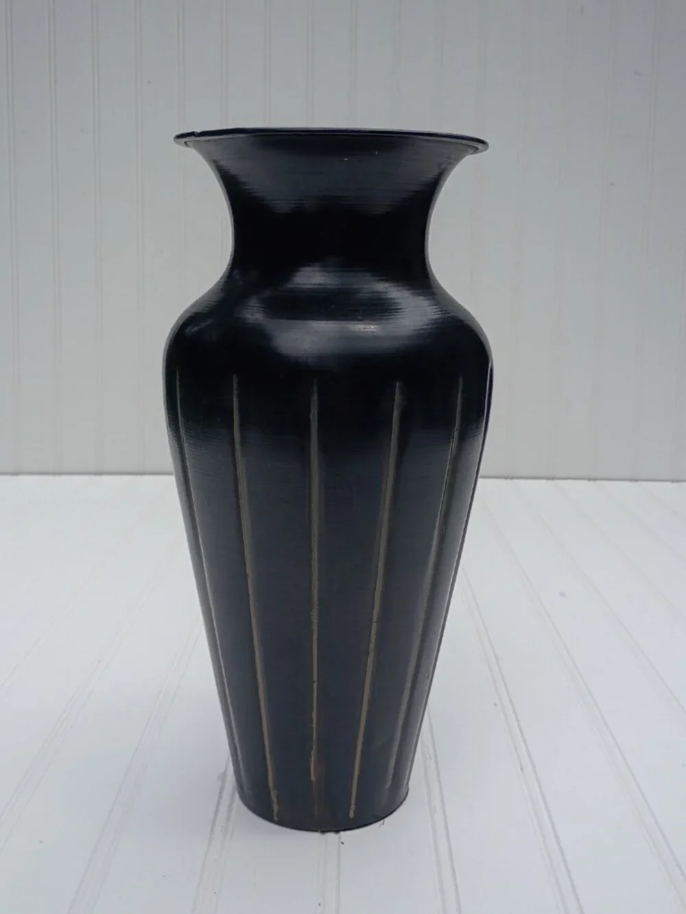 Ribbed Metal Vase Black Distressed Fluted Design 12.5